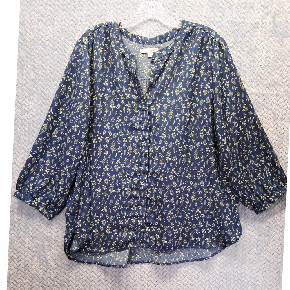 Jacks Girlfriend Navy Blue Floral 3/4 Sleeve Button Front Blouse Large Fairy